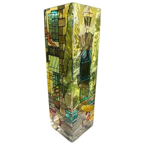 Vintage Joan Baker Stained Glass French Cafe 10”Rectangular Vase - Picture 4 of 10